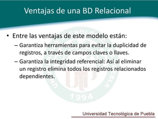 Ventajas de una BD Relacional

• Entre las ventajas de este modelo están:
  – Garantiza herramientas para evitar la duplicidad de
    registros, a través de campos claves o llaves.
  – Garantiza la integridad referencial: Así al eliminar
    un registro elimina todos los registros relacionados
    dependientes.
 