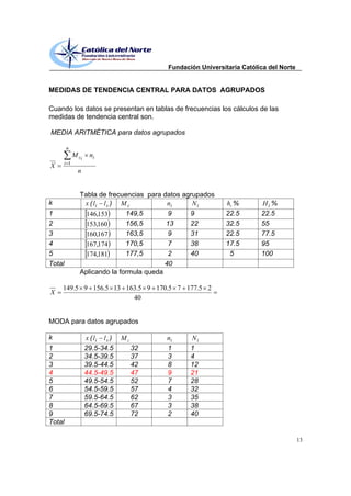 Fundación Universitaria Católica del Norte


MEDIDAS DE TENDENCIA CENTRAL PARA DATOS AGRUPADOS

Cuando los datos se presentan en tablas de frecuencias los cálculos de las
medidas de tendencia central son.

MEDIA ARITMÉTICA para datos agrupados

        n
              M ci     ni
        i 1
X
                n


                 Tabla de frecuencias para datos agrupados
k                 x ( li l s ) M c           ni     Ni           hi %       Hi %
1                  146,153      149,5        9     9             22.5       22.5
2                  153,160      156,5       13     22            32.5       55
3                  160,167      163,5        9     31            22.5       77.5
4                  167,174      170,5        7     38            17.5       95
5                  174,181      177,5        2     40             5         100
Total                                       40
                 Aplicando la formula queda

    149.5 9 156.5 13 163.5 9 170.5 7 177.5 2
X
                       40


MODA para datos agrupados

k                    x ( li l s )   Mc        ni     Ni
1                    29.5-34.5           32   1      1
2                    34.5-39.5           37   3      4
3                    39.5-44.5           42   8      12
4                    44.5-49.5           47   9      21
5                    49.5-54.5           52   7      28
6                    54.5-59.5           57   4      32
7                    59.5-64.5           62   3      35
8                    64.5-69.5           67   3      38
9                    69.5-74.5           72   2      40
Total

                                                                                           13
 