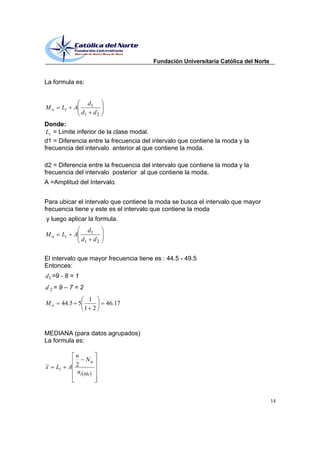 Fundación Universitaria Católica del Norte


La formula es:


                         d1
Mo        Li    A
                    d1        d2
Donde:
 Li = Limite inferior de la clase modal.
d1 = Diferencia entre la frecuencia del intervalo que contiene la moda y la
frecuencia del intervalo anterior al que contiene la moda.

d2 = Diferencia entre la frecuencia del intervalo que contiene la moda y la
frecuencia del intervalo posterior al que contiene la moda.
A =Amplitud del Intervalo.


Para ubicar el intervalo que contiene la moda se busca el intervalo que mayor
frecuencia tiene y este es el intervalo que contiene la moda
y luego aplicar la formula.
                         d1
Mo        Li    A
                    d1        d2


El intervalo que mayor frecuencia tiene es : 44.5 - 49.5
Entonces:
d1 =9 - 8 = 1
d2= 9          7=2
                         1
Mo        44.5 5                   46.17
                     1 2



MEDIANA (para datos agrupados)
La formula es:

                 n
                     Na
~
x    Li        A 2
                 ni Me



                                                                                        14
 