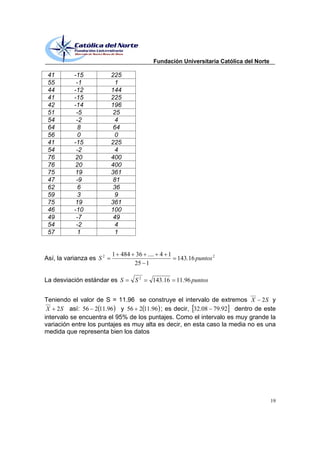 Fundación Universitaria Católica del Norte

 41        -15            225
 55         -1             1
 44        -12            144
 41        -15            225
 42        -14            196
 51         -5             25
 54         -2             4
 64          8             64
 56          0             0
 41        -15            225
 54         -2             4
 76         20            400
 76         20            400
 75         19            361
 47         -9             81
 62          6             36
 59          3             9
 75         19            361
 46        -10            100
 49         -7             49
 54         -2             4
 57          1             1


                          1 484 36 .... 4 1
Así, la varianza es S 2                     143.16 puntos 2
                                25 1

La desviación estándar es S      S2    143.16   11.96 puntos


Teniendo el valor de S = 11.96 se construye el intervalo de extremos X 2S y
 X 2 S así: 56 2 11.96 y 56 2 11.96 ; es decir, 32.08 79.92 dentro de este
intervalo se encuentra el 95% de los puntajes. Como el intervalo es muy grande la
variación entre los puntajes es muy alta es decir, en esta caso la media no es una
medida que representa bien los datos




                                                                                    19
 