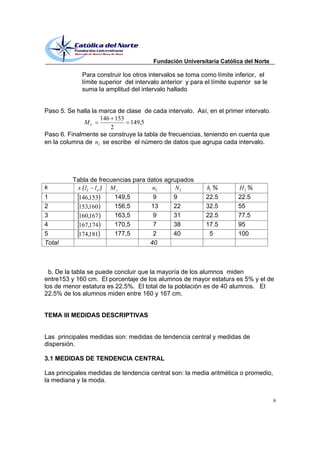 Fundación Universitaria Católica del Norte

             Para construir los otros intervalos se toma como límite inferior, el
             límite superior del intervalo anterior y para el límite superior se le
             suma la amplitud del intervalo hallado


Paso 5. Se halla la marca de clase de cada intervalo. Así, en el primer intervalo.
                    146 153
              Mc              149,5
                       2
Paso 6. Finalmente se construye la tabla de frecuencias, teniendo en cuenta que
en la columna de ni se escribe el número de datos que agrupa cada intervalo.




          Tabla de frecuencias para datos agrupados
k          x ( li l s ) M c           ni      Ni           hi %        Hi %
1           146,153      149,5        9      9             22.5        22.5
2           153,160      156,5       13      22            32.5        55
3           160,167      163,5        9      31            22.5        77.5
4           167,174      170,5        7      38            17.5        95
5           174,181      177,5        2      40             5          100
Total                                40



  b. De la tabla se puede concluir que la mayoría de los alumnos miden
entre153 y 160 cm. El porcentaje de los alumnos de mayor estatura es 5% y el de
los de menor estatura es 22.5%. El total de la población es de 40 alumnos. El
22.5% de los alumnos miden entre 160 y 167 cm.


TEMA III MEDIDAS DESCRIPTIVAS


Las principales medidas son: medidas de tendencia central y medidas de
dispersión.

3.1 MEDIDAS DE TENDENCIA CENTRAL

Las principales medidas de tendencia central son: la media aritmética o promedio,
la mediana y la moda.


                                                                                      9
 