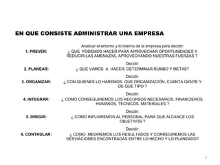 EN QUE CONSISTE ADMINISTRAR UNA EMPRESA

                         Analizar el entorno y lo interno de la empresa para decidir:
  1. PREVER:       ¿ QUE PODEMOS HACER PARA APROVECHAR OPORTUNIDADES Y
                   REDUCIR LAS AMENAZAS, APROVECHANDO NUESTRAS FUERZAS ?
                                           Decidir:
  2. PLANEAR:          ¿ QUE VAMOS A HACER. DETERMINAR RUMBO Y METAS?
                                           Decidir:
 3. ORGANIZAR:   ¿ CON QUIENES LO HAREMOS. QUE ORGANIZACIÓN, CUANTA GENTE Y
                                        DE QUE TIPO ?
                                           Decidir:
  4. INTEGRAR:   ¿ COMO CONSEGUIREMOS LOS RECURSOS NECESARIOS, FINANCIEROS,
                              HUMANOS, TECNICOS, MATERIALES ?
                                            Decidir:
   5. DIRIGIR:       ¿ COMO INFLUIREMOS AL PERSONAL PARA QUE ALCANCE LOS
                                         OBJETIVOS ?
                                          Decidir:
 6. CONTROLAR:      ¿ COMO MEDIREMOS LOS RESULTADOS Y CORREGIREMOS LAS
                   DESVIACIONES ENCONTRADAS ENTRE LO HECHO Y LO PLANEADO?



                                                                                        3
 