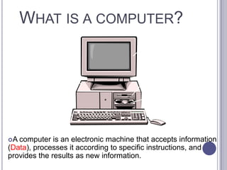 WHAT IS A COMPUTER?
                                              Monitor




  System Unit                                     Floppy Disk
                                                     Drive


                                                   CD-ROM /
       Keyboard                                  DVD-ROM Drive

                                                 Mouse


A computer is an electronic machine that accepts information
(Data), processes it according to specific instructions, and
provides the results as new information.
 