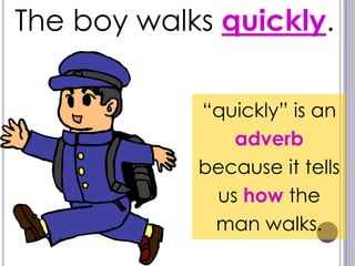 The boy walks quickly.

            “quickly” is an
               adverb
            because it tells
             us how the
             man walks.
 