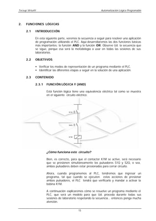 Tecsup Virtu@l                                                    Automatización Lógica Programable




2.    FUNCIONES LÓGICAS

      2.1    INTRODUCCIÓN

             En esta siguiente parte, veremos la secuencia a seguir para resolver una aplicación
             de programación utilizando el PLC. Aquí desarrollaremos las dos funciones básicas
             más importantes: la función AND y la función OR. Observe Ud. la secuencia que
             se sigue, porque esa será la metodología a usar en todas las sesiones de sus
             laboratorios.

      2.2    OBJETIVOS

             • Verificar los modos de representación de un programa mediante el PLC.
             • Identificar las diferentes etapas a seguir en la solución de una aplicación.

      2.3    CONTENIDO

             2.3.1    FUNCIÓN LÓGICA Y (AND)

                      Está función lógica tiene una equivalencia eléctrica tal como se muestra
                      en el siguiente circuito eléctrico:




                                        S1Q




                                        S2Q




                                        K1M




                      ¿Cómo funciona este circuito?

                      Bien, es correcto, para que el contactor K1M se active, será necesario
                      que se presionen simultáneamente los pulsadores S1Q y S2Q, o sea,
                      ambos pulsadores deben estar presionados para cerrar circuito.

                      Ahora, cuando programemos al PLC, tendremos que ingresar un
                      programa, tal que cuando se ejecuten estas acciones de presionar
                      ambos pulsadores, el PLC tendrá que verificarlo y mandar a activar la
                      bobina K1M.

                      A continuación explicaremos cómo se resuelve un programa mediante el
                      PLC, que será un modelo para que Ud. proceda durante todas sus
                      sesiones de laboratorio respetando la secuencia… entonces ponga mucha
                      atención.

                                               15
 