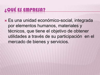 ¿QUÉ ES EMPRESA?

   Es una unidad económico-social, integrada
    por elementos humanos, materiales y
    técnicos, que tiene el objetivo de obtener
    utilidades a través de su participación en el
    mercado de bienes y servicios.
 