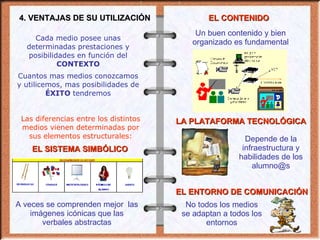 4. VENTAJAS DE SU UTILIZACIÓN Cada medio posee unas determinadas prestaciones y posibilidades en función del  CONTEXTO Cuantos mas medios conozcamos y utilicemos, mas posibilidades de  ÉXITO  tendremos Las diferencias entre los distintos medios vienen determinadas por sus elementos estructurales: EL SISTEMA SIMBÓLICO EL CONTENIDO LA PLATAFORMA TECNOLÓGICA EL ENTORNO DE COMUNICACIÓN A veces se comprenden mejor  las imágenes icónicas que las verbales abstractas Un buen contenido y bien organizado es fundamental Depende de la infraestructura y habilidades de los alumno@s No todos los medios se adaptan a todos los entornos 