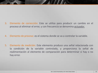 3.   Elemento de corrección: Este se utiliza para producir un cambio en el
     proceso al eliminar el error, y con frecuencia se denomina actuador.


4.   Elemento de proceso: es el sistema donde se va a controlar la variable.


5.   Elemento de medición: Este elemento produce una señal relacionada con
     la condición de la variable controlada, y proporciona la señal de
     realimentación al elemento de comparación para determinar si hay o no
     hay error.




                                          Sist. Control Automático, M.I Velia Chávez Sáenz   23
 