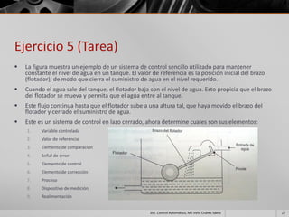 Ejercicio 5 (Tarea)
   La figura muestra un ejemplo de un sistema de control sencillo utilizado para mantener
    constante el nivel de agua en un tanque. El valor de referencia es la posición inicial del brazo
    (flotador), de modo que cierra el suministro de agua en el nivel requerido.
   Cuando el agua sale del tanque, el flotador baja con el nivel de agua. Esto propicia que el brazo
    del flotador se mueva y permita que el agua entre al tanque.
   Este flujo continua hasta que el flotador sube a una altura tal, que haya movido el brazo del
    flotador y cerrado el suministro de agua.
   Este es un sistema de control en lazo cerrado, ahora determine cuales son sus elementos:
    1.    Variable controlada
    2.    Valor de referencia
    3.    Elemento de comparación
    4.    Señal de error
    5.    Elemento de control
    6.    Elemento de corrección
    7.    Proceso
    8.    Dispositivo de medición
    9.    Realimentación


                                                      Sist. Control Automático, M.I Velia Chávez Sáenz   27
 