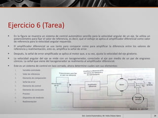 Ejercicio 6 (Tarea)
   En la figura se muestra un sistema de control automático sencillo para la velocidad angular de un eje. Se utiliza un
    potenciómetro para fijar el valor de referencia, es decir, qué el voltaje se aplica al amplificador diferencial como valor
    de referencia para la velocidad angular requerida.
   El amplificador diferencial se usa tanto para comparar como para amplificar la diferencia entre los valores de
    referencia y realimentación, esto es, amplifica la señal de error.
   Después, la señal de error amplificada se aplica al motor que, a su vez, ajusta la velocidad del eje giratorio.
   La velocidad angular del eje se mide con un tacogenerador, conectado al eje por medio de un par de engranes
    cónicos. La señal que viene del tacogenerador se realimenta al amplificador diferencial.
   Este es un sistema de control en lazo cerrado, ahora determine cuales son sus elementos:
    1.      Variable controlada
    2.      Valor de referencia
    3.      Elemento de comparación
    4.      Señal de error
    5.      Elemento de control
    6.      Elemento de corrección
    7.      Proceso
    8.      Dispositivo de medición
    9.      Realimentación




                                                                 Sist. Control Automático, M.I Velia Chávez Sáenz                28
 