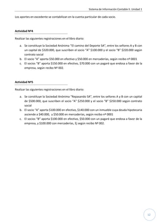 Sistema de Información Contable II. Unidad 1

Los aportes en excedente se contabilizan en la cuenta particular de cada socio.



Actividad Nº4

Realizar las siguientes registraciones en el libro diario:

   a. Se constituye la Sociedad Anónima “El camino del Deporte SA”, entre los señores A y B con
      un capital de $320.000, que suscriben el socio “A” $100.000 y el socio “B” $220.000 según
      contrato social
   b. El socio “A” aporta $50.000 en efectivo y $50.000 en mercaderías, según recibo nº 0001
   c. El socios “B” aporta $150.000 en efectivo, $70.000 con un pagaré que endosa a favor de la
      empresa, según recibo Nº 002.



Actividad Nº5

Realizar las siguientes registraciones en el libro diario:

   a. Se constituye la Sociedad Anónima “Repasando SA”, entre los señores A y B con un capital
      de $500.000, que suscriben el socio “A” $250.000 y el socio “B” $250.000 según contrato
      social
   b. El socio “A” aporta $100.000 en efectivo, $140.000 con un inmueble cuya deuda hipotecaria
      asciende a $40.000, y $50.000 en mercaderías, según recibo nº 0001
   c. El socios “B” aporta $100.000 en efectivo, $50.000 con un pagaré que endosa a favor de la
      empresa, y $100.000 con mercaderías, Ej según recibo Nº 002.




                                                                                                            12
 