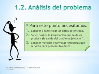 DEL ANGEL CAMPOS PABLO – 4° B INFORMÁTICA
– CETis109
• Para este punto necesitamos:
1. Conocer e identificar los datos de entrada.
2. Saber cual es la información que se desea
producir (la salida del problema [solución]).
3. Conocer métodos y formulas necesarias que
servirán para procesar los datos.
 