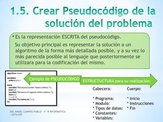 DEL ANGEL CAMPOS PABLO – 4° B INFORMÁTICA
– CETis109
• Es la representación ESCRITA del pseudocódigo.
Su objetivo principal es representar la solución a un
algoritmo de la forma más detallada posible, y a su vez lo
más parecida posible al lenguaje que posteriormente se
utilizara para la codificación del mismo.
Ejemplo de PSEUDOCÓDIGO
Cabecera:
* Programa:
* Modulo:
* Tipos de datos:
* Constantes:
* Variables:
Cuerpo:
* Inicio
* Instrucciones
* Fin
ESTRUCTUCTURA para su realización:
 