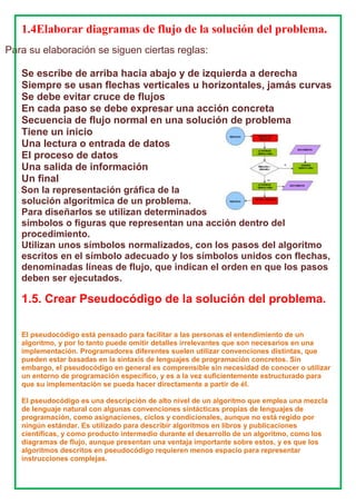 1.4Elaborar diagramas de flujo de la solución del problema.
Para su elaboración se siguen ciertas reglas:
Se escribe de arriba hacia abajo y de izquierda a derecha
Siempre se usan flechas verticales u horizontales, jamás curvas
Se debe evitar cruce de flujos
En cada paso se debe expresar una acción concreta
Secuencia de flujo normal en una solución de problema
Tiene un inicio
Una lectura o entrada de datos
El proceso de datos
Una salida de información
Un final
Son la representación gráfica de la
solución algorítmica de un problema.
Para diseñarlos se utilizan determinados
símbolos o figuras que representan una acción dentro del
procedimiento.
Utilizan unos símbolos normalizados, con los pasos del algoritmo
escritos en el símbolo adecuado y los símbolos unidos con flechas,
denominadas líneas de flujo, que indican el orden en que los pasos
deben ser ejecutados.
1.5. Crear Pseudocódigo de la solución del problema.
El pseudocódigo está pensado para facilitar a las personas el entendimiento de un
algoritmo, y por lo tanto puede omitir detalles irrelevantes que son necesarios en una
implementación. Programadores diferentes suelen utilizar convenciones distintas, que
pueden estar basadas en la sintaxis de lenguajes de programación concretos. Sin
embargo, el pseudocódigo en general es comprensible sin necesidad de conocer o utilizar
un entorno de programación específico, y es a la vez suficientemente estructurado para
que su implementación se pueda hacer directamente a partir de él.
El pseudocódigo es una descripción de alto nivel de un algoritmo que emplea una mezcla
de lenguaje natural con algunas convenciones sintácticas propias de lenguajes de
programación, como asignaciones, ciclos y condicionales, aunque no está regido por
ningún estándar. Es utilizado para describir algoritmos en libros y publicaciones
científicas, y como producto intermedio durante el desarrollo de un algoritmo, como los
diagramas de flujo, aunque presentan una ventaja importante sobre estos, y es que los
algoritmos descritos en pseudocódigo requieren menos espacio para representar
instrucciones complejas.
 
