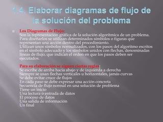 Los Diagramas de Flujo:
Son la representación gráfica de la solución algorítmica de un problema.
Para diseñarlos se utilizan determinados símbolos o figuras que
representan una acción dentro del procedimiento.
Utilizan unos símbolos normalizados, con los pasos del algoritmo escritos
en el símbolo adecuado y los símbolos unidos con flechas, denominadas
líneas de flujo, que indican el orden en que los pasos deben ser
ejecutados.
Para su elaboración se siguen ciertas reglas:
Se escribe de arriba hacia abajo y de izquierda a derecha
Siempre se usan flechas verticales u horizontales, jamás curvas
Se debe evitar cruce de flujos
En cada paso se debe expresar una acción concreta
Secuencia de flujo normal en una solución de problema
Tiene un inicio
Una lectura o entrada de datos
El proceso de datos
Una salida de información
Un final
 
