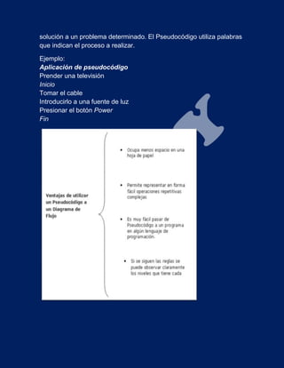 solución a un problema determinado. El Pseudocódigo utiliza palabras
que indican el proceso a realizar.
Ejemplo:
Aplicación de pseudocódigo
Prender una televisión
Inicio
Tomar el cable
Introducirlo a una fuente de luz
Presionar el botón Power
Fin
 