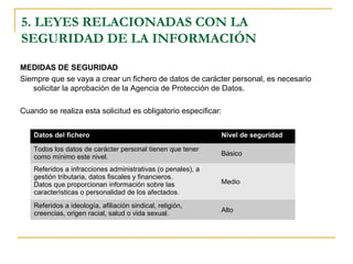 MEDIDAS DE SEGURIDAD
Siempre que se vaya a crear un fichero de datos de carácter personal, es necesario
solicitar la aprobación de la Agencia de Protección de Datos.
Cuando se realiza esta solicitud es obligatorio especificar:
5. LEYES RELACIONADAS CON LA
SEGURIDAD DE LA INFORMACIÓN
Datos del fichero Nivel de seguridad
Todos los datos de carácter personal tienen que tener
como mínimo este nivel. Básico
Referidos a infracciones administrativas (o penales), a
gestión tributaria, datos fiscales y financieros.
Datos que proporcionan información sobre las
características o personalidad de los afectados.
Medio
Referidos a ideología, afiliación sindical, religión,
creencias, origen racial, salud o vida sexual. Alto
 