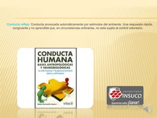 Conducta refleja: Conducta provocada automáticamente por estímulos del ambiente. Una respuesta rápida,
congruente y no aprendida que, en circunstancias ordinarias, no esta sujeta al control voluntario.
 