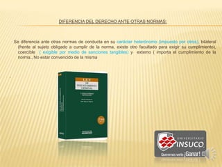 DIFERENCIA DEL DERECHO ANTE OTRAS NORMAS:
Se diferencia ante otras normas de conducta en su carácter heterónomo (impuesto por otros), bilateral
(frente al sujeto obligado a cumplir de la norma, existe otro facultado para exigir su cumplimiento),
coercible ( exigible por medio de sanciones tangibles) y extemo ( importa el cumplimiento de la
norma., No estar convencido de la misma
.
 