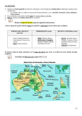 11
4.5- OCEANÍA
 Oceanía es el más pequeño de todos los continentes y está formado por muchas islas de diferentes tamaños (unas
10.000 islas).
o Las grandes islas se sitúan al suroeste del Océano Pacífico y son: Australia, Tasmania, Nueva Zelanda y
Nueva Guinea.
 Este continente se encuentra situado entre los océanos Índico y Pacífico.
 Relieve: destaca la Cordillera Divisoria en Australia.

Realiza el mapa de Oceanía según las siguientes instrucciones:
a) En el mapa de la parte inferior rodea los nombres o subráyalos con los colores que se indican:
b) Incluye todos los datos anteriores en el mapa del anexo que viene en el libro de texto. Incluir leyenda
(explicar)
Actividades del libro de texto: página 20 (1, 3 y 4)
FORMAS DEL RELIEVE
(marrón)
HIDROGRAFÍA (azul) RELIEVE COSTERO (verde)
- Gran Cordillera Divisoria
- Gran desierto Victoria y de
Arena.
- Picos: Cook (3.764 m)
- RÍOS: Darling, Murray
- OCÉANOS Y MARES:
Pacífico e Índico// Mar de
Tasmania, de Coral
- ISLAS: Australia, Nueva
Zelanda, Tasmania, Nueva
Caledonia, Nueva Guinea,
Salomón
- GOLFO de Carpentaria
 