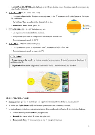 3
LAS ZONAS CLIMÁTICAS ( el planeta se divide en distintas zonas climáticas según la temperatura del
aire. Son las siguientes:
 ZONA CÁLIDA (0-30 º latitud norte y sur)
+ Los rayos solares inciden directamente durante todo el año  temperaturas elevadas (apenas se distinguen
las estaciones).
+ Duración del día y la noche similar durante todo el año.
+ Temperatura media anual: aprox. 20ºC
 ZONA TEMPLADA ( 30 – 60 º latitud norte y sur)
+ Los rayos solares inciden de forma inclinada.
+ Temperaturas y duración de días y noches: varían según las estaciones.
+ Temperatura media anual: 0 – 20º C
 ZONA FRÍA ( 60-90 º C latitud norte y sur)
+ Los rayos solares apenas inciden en esta zona temperaturas bajas todo el año.
+ Temperatura media anual: no supera los 0ºC
2.2- LAS PRECIPITACIONES
 Definición: agua que cae de la atmósfera a la superficie terrestre en forma de lluvia, nieve o granizo.
 Se miden con el pluviómetro mide los litros de agua que caen por cada metro cuadrado.
 La cantidad de precipitaciones que caen en una zona determinada varía en función de los siguientes factores:
o Altitud  a mayor altitud  más precipitaciones
o Latitud  a mayor latitud  menos precipitaciones
o Proximidad al mar  zonas cercanas al mar  más precipitaciones
CONCEPTOS:
- Temperatura media anual: se obtiene sumando las temperaturas de todos los meses y dividiendo el
resultado entre 12.
- Amplitud térmica anual: temperatura del mes más cálido - temperatura del mes más frío.
 