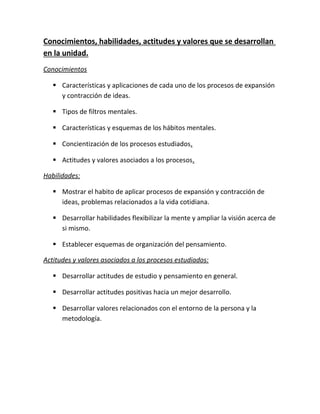Conocimientos, habilidades, actitudes y valores que se desarrollan
en la unidad.
Conocimientos
 Características y aplicaciones de cada uno de los procesos de expansión
y contracción de ideas.
 Tipos de filtros mentales.
 Características y esquemas de los hábitos mentales.
 Concientización de los procesos estudiados.
 Actitudes y valores asociados a los procesos.
Habilidades:
 Mostrar el habito de aplicar procesos de expansión y contracción de
ideas, problemas relacionados a la vida cotidiana.
 Desarrollar habilidades flexibilizar la mente y ampliar la visión acerca de
si mismo.
 Establecer esquemas de organización del pensamiento.
Actitudes y valores asociados a los procesos estudiados:
 Desarrollar actitudes de estudio y pensamiento en general.
 Desarrollar actitudes positivas hacia un mejor desarrollo.
 Desarrollar valores relacionados con el entorno de la persona y la
metodología.
 