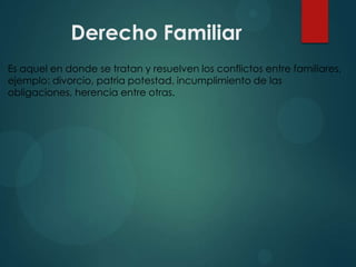 Derecho Familiar
Es aquel en donde se tratan y resuelven los conflictos entre familiares,
ejemplo: divorcio, patria potestad, incumplimiento de las
obligaciones, herencia entre otras.

 
