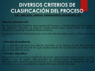 DIVERSOS CRITERIOS DE
CLASIFICACIÓN DEL PROCESO
CIVIL, MERCANTIL, FAMILIAR, ARRENDAMIENTO INMOBILIARIO, ETC.

Derecho procesal civil:
Es una rama del Derecho que regula el Proceso, a través del cual los “sujetos
de derecho” recurren al órgano jurisdiccional para hacer vales sus propios
derechos y resolver incertidumbres jurídicas.
El proceso civil se caracteriza por una serie de principios que lo informan y que
son:

• Principio de audiencia:
Es un principio general que afecta, también, a las demás ramas del derecho
procesal y que se resume en que nadie puede ser condenado sin haber sido
oído y vencido en juicio.
• Principio dispositivo:
El proceso civil se inicia a instancia de parte, denominada parte actora, lo que
significa que el objeto del proceso es determinado inicialmente por el
demandante, exponiendo los hechos y los fundamentos de derechos en que
se basa y el pronunciamiento o resolución que solicita del Juez.

 