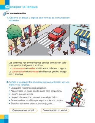 C onocer la lengua
La comunicación

1. Observa el dibujo y explica qué formas de comunicación
aparecen.

Las personas nos comunicamos con los demás con palabras, gestos, imágenes o sonidos.
La comunicación es verbal si utilizamos palabras o signos.
La comunicación es no verbal si utilizamos gestos, imágenes o sonidos.

2. Señala si las siguientes situaciones de comunicación son verbales o no verbales.
• Un payaso realizando una actuación.
• Alguien hace un gesto con la mano para despedirse.
• Un niño lee una revista.
• Un periodista escribe una noticia en el periódico.
• Se enciende el semáforo para que empiece la carrera.
• El árbitro saca una tarjeta roja a un jugador.
Comunicación verbal
12

Comunicación no verbal

 