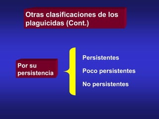 Otras clasificaciones de los
plaguicidas (Cont.)
Por su
persistencia
Persistentes
Poco persistentes
No persistentes
 
