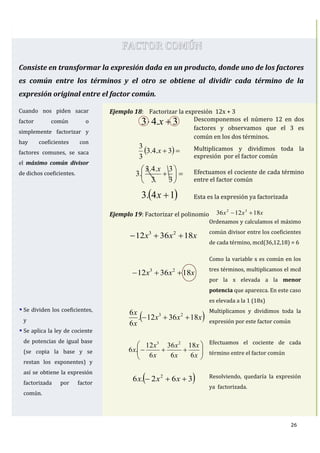 26
FACTOR COMÚN
Consiste en transformar la expresión dada en un producto, donde uno de los factores
es común entre los términos y el otro se obtiene al dividir cada término de la
expresión original entre el factor común.
Cuando nos piden sacar
factor común o
simplemente factorizar y
hay coeficientes con
factores comunes, se saca
el máximo común divisor
de dichos coeficientes.
Ejemplo 18: Factorizar la expresión 12x + 3
3.43  x Descomponemos el número 12 en dos
factores y observamos que el 3 es
común en los dos términos.
  3.4.3
3
3
x Multiplicamos y dividimos toda la
expresión por el factor común







3
3
3
.4.3
.3
x Efectuamos el cociente de cada término
entre el factor común
 14.3 x Esta es la expresión ya factorizada
 Se dividen los coeficientes,
y
 Se aplica la ley de cociente
de potencias de igual base
(se copia la base y se
restan los exponentes) y
así se obtiene la expresión
factorizada por factor
común.
Ejemplo 19: Factorizar el polinomio
xxx 183612 23

Ordenamos y calculamos el máximo
común divisor entre los coeficientes
de cada término, mcd(36,12,18) = 6
xxx 183612 23

Como la variable x es común en los
tres términos, multiplicamos el mcd
por la x elevada a la menor
potencia que aparezca. En este caso
es elevada a la 1 (18x)
 xxx
x
x
183612.
6
6 23

Multiplicamos y dividimos toda la
expresión por este factor común







x
x
x
x
x
x
x
6
18
6
36
6
12
.6
23 Efectuamos el cociente de cada
término entre el factor común
 362.6 2
 xxx Resolviendo, quedaría la expresión
ya factorizada.
xxx 181236 32

 