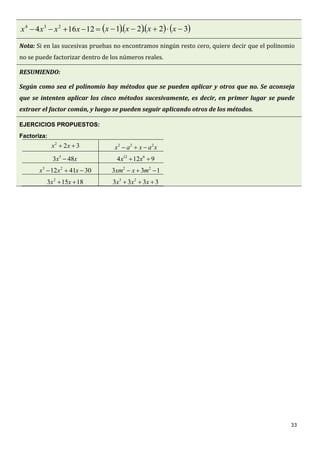 33
 12164 234
xxxx      32.2.1  xxxx
Nota: Si en las sucesivas pruebas no encontramos ningún resto cero, quiere decir que el polinomio
no se puede factorizar dentro de los números reales.
RESUMIENDO:
Según como sea el polinomio hay métodos que se pueden aplicar y otros que no. Se aconseja
que se intenten aplicar los cinco métodos sucesivamente, es decir, en primer lugar se puede
extraer el factor común, y luego se pueden seguir aplicando otros de los métodos.
EJERCICIOS PROPUESTOS:
Factoriza:
322
 xx xaxax 222

xx 483 5
 9124 612
 xx
304112 23
 xxx 133 22
 mxxm
18153 2
 xx 3333 23
 xxx
 