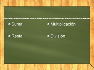Suma
Resta
Multiplicación
División
 