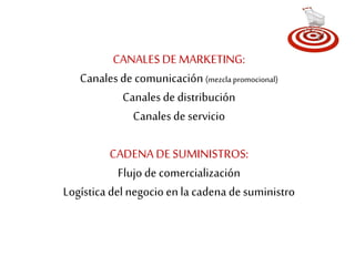 CANALES DE MARKETING: 
Canales de comunicación (mezcla promocional) 
Canales de distribución 
Canales de servicio 
CADENA DE SUMINISTROS: 
Flujo de comercialización 
Logística del negocio en la cadena de suministro 
 