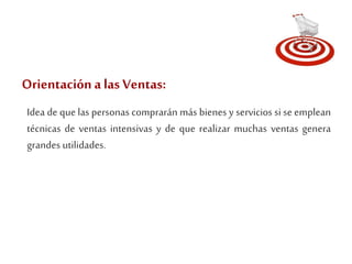 Orientación a las Ventas: 
Idea de que las personas comprarán más bienes y servicios si se emplean 
técnicas de ventas intensivas y de que realizar muchas ventas genera 
grandes utilidades. 
 