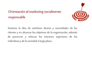 Orientación al marketing socialmente 
responsable 
Sostiene la idea de satisfacer deseos y necesidades de los 
clientes y en alcanzar los objetivos de la organización, además 
de preservar y reforzar los intereses superiores de los 
individuos y de la sociedad a largo plazo. 
 