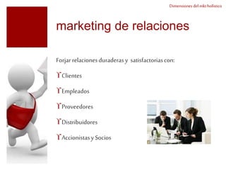 Dimensiones del mkt holístico 
marketing de relaciones 
Forjar relaciones duraderas y satisfactorias con: 
Clientes 
Empleados 
Proveedores 
Distribuidores 
Accionistas y Socios 
 