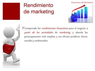 Dimensiones del mkt holístico 
Rendimiento 
de marketing 
Comprende los rendimientos financieros para el negocio a 
partir de las actividades de marketing , y aborda las 
preocupaciones más amplias y sus efectos jurídicos, éticos, 
sociales y ambientales. 
 