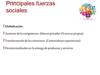 Principales Nuevas realidades del mkt 
fuerzas 
sociales 
Globalización. 
Aumento de la competencia. (Marcas privadas VS marcas propias) 
Transformación de los minoristas. (Comercializan experiencias) 
Desintermediación en la entrega de productos y servicios. 
 
