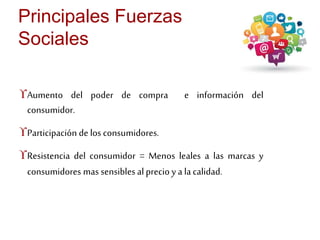 Principales Fuerzas 
Sociales 
Aumento del poder de compra e información del 
consumidor. 
Participación de los consumidores. 
Resistencia del consumidor = Menos leales a las marcas y 
consumidores mas sensibles al precio y a la calidad. 
 