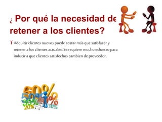 ¿ Por qué la necesidad de 
retener a los clientes? 
 Adquirir clientes nuevos puede costar más que satisfacer y 
retener a los clientes actuales. Se requiere mucho esfuerzo para 
inducir a que clientes satisfechos cambien de proveedor. 
 