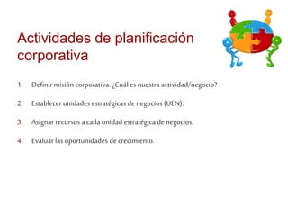 Actividades de planificación 
corporativa 
1. Definir misión corporativa. ¿Cuál es nuestra actividad/negocio? 
2. Establecer unidades estratégicas de negocios (UEN). 
3. Asignar recursos a cada unidad estratégica de negocios. 
4. Evaluar las oportunidades de crecimiento. 
 
