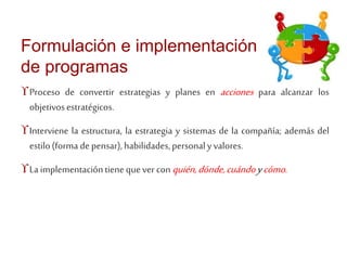 Formulación e implementación 
de programas 
Proceso de convertir estrategias y planes en acciones para alcanzar los 
objetivos estratégicos. 
Interviene la estructura, la estrategia y sistemas de la compañía; además del 
estilo (forma de pensar), habilidades, personal y valores. 
La implementación tiene que ver conquién, dónde, cuándo y cómo. 
 