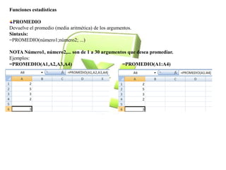 Funciones estadísticas 
PROMEDIO 
Devuelve el promedio (media aritmética) de los argumentos. 
Sintaxis: 
=PROMEDIO(número1;número2; ...) 
NOTA Número1, número2,... son de 1 a 30 argumentos que desea promediar. 
Ejemplos: 
=PROMEDIO(A1,A2,A3,A4) =PROMEDIO(A1:A4) 
 