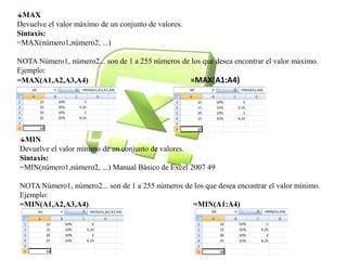 MAX 
Devuelve el valor máximo de un conjunto de valores. 
Sintaxis: 
=MAX(número1,número2, ...) 
NOTA Número1, número2... son de 1 a 255 números de los que desea encontrar el valor máximo. 
Ejemplo: 
=MAX(A1,A2,A3,A4) =MAX(A1:A4) 
MIN 
Devuelve el valor mínimo de un conjunto de valores. 
Sintaxis: 
=MIN(número1,número2, ...) Manual Básico de Excel 2007 49 
NOTA Número1, número2... son de 1 a 255 números de los que desea encontrar el valor mínimo. 
Ejemplo: 
=MIN(A1,A2,A3,A4) =MIN(A1:A4) 
 