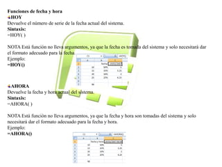 Funciones de fecha y hora 
HOY 
Devuelve el número de serie de la fecha actual del sistema. 
Sintaxis: 
=HOY( ) 
NOTA Está función no lleva argumentos, ya que la fecha es tomada del sistema y solo necesitará dar 
el formato adecuado para la fecha. 
Ejemplo: 
=HOY() 
AHORA 
Devuelve la fecha y hora actual del sistema. 
Sintaxis: 
=AHORA( ) 
NOTA Está función no lleva argumentos, ya que la fecha y hora son tomadas del sistema y solo 
necesitará dar el formato adecuado para la fecha y hora. 
Ejemplo: 
=AHORA() 
 