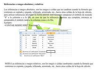 Referencias o rangos absolutos y relativos 
Las referencias o rangos absolutos, son los rangos o celdas que no cambian cuando la fórmula que 
contienen es copiada y pegada, rellenada, arrastrada, etc., hacia otras celdas de la hoja de cálculo, 
para utilizar referencias absolutas en forma parcial, será necesario anteponer el símbolo de moneda 
“$” a la columna o a la fila, en caso de que la referencia absoluta sea completa, entonces se 
antepondrá el símbolo tanto a la columna como a la fila. 
Ejemplo: 
=CONTAR.SI($D$2:$D$7,"Excelente") 
NOTA Las referencias o rangos relativos, son los rangos o celdas cambiantes cuando la fórmula que 
contienen es copiada y pegada, rellenada, arrastrada, etc., hacia otras celdas de la hoja de cálculo. 
 