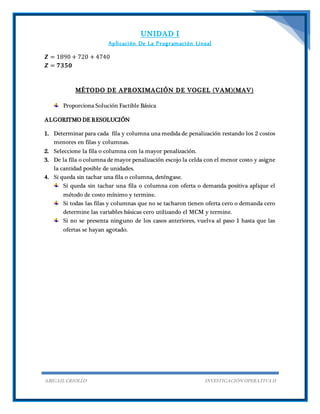 UNIDAD I
Aplicación De La Programación Lineal
ABIGAIL CRIOLLO INVESTIGACIÓN OPERATIVA II
𝒁 = 1890 + 720 + 4740
𝒁 = 𝟕𝟑𝟓𝟎
MÉTODO DE APROXIMACIÓN DE VOGEL (VAM)(MAV)
Proporciona Solución Factible Básica
ALGORITMO DE RESOLUCIÓN
1. Determinar para cada fila y columna una medida de penalización restando los 2 costos
menores en filas y columnas.
2. Seleccione la fila o columna con la mayor penalización.
3. De la fila o columna de mayor penalización escojo la celda con el menor costo y asigne
la cantidad posible de unidades.
4. Si queda sin tachar una fila o columna, deténgase.
Si queda sin tachar una fila o columna con oferta o demanda positiva aplique el
método de costo mínimo y termine.
Si todas las filas y columnas que no se tacharon tienen oferta cero o demanda cero
determine las variables básicas cero utilizando el MCM y termine.
Si no se presenta ninguno de los casos anteriores, vuelva al paso 1 hasta que las
ofertas se hayan agotado.
 
