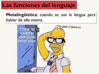 Metalingüística: cuando se usa la lengua para
hablar de ella misma.
Todas las
palabras
esdrújulas
llevan tilde.
Las funciones del lenguaje
 