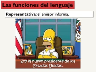 Representativa: el emisor informa.
Soy el nuevo presidente de los
Estados Unidos.
Las funciones del lenguaje
 